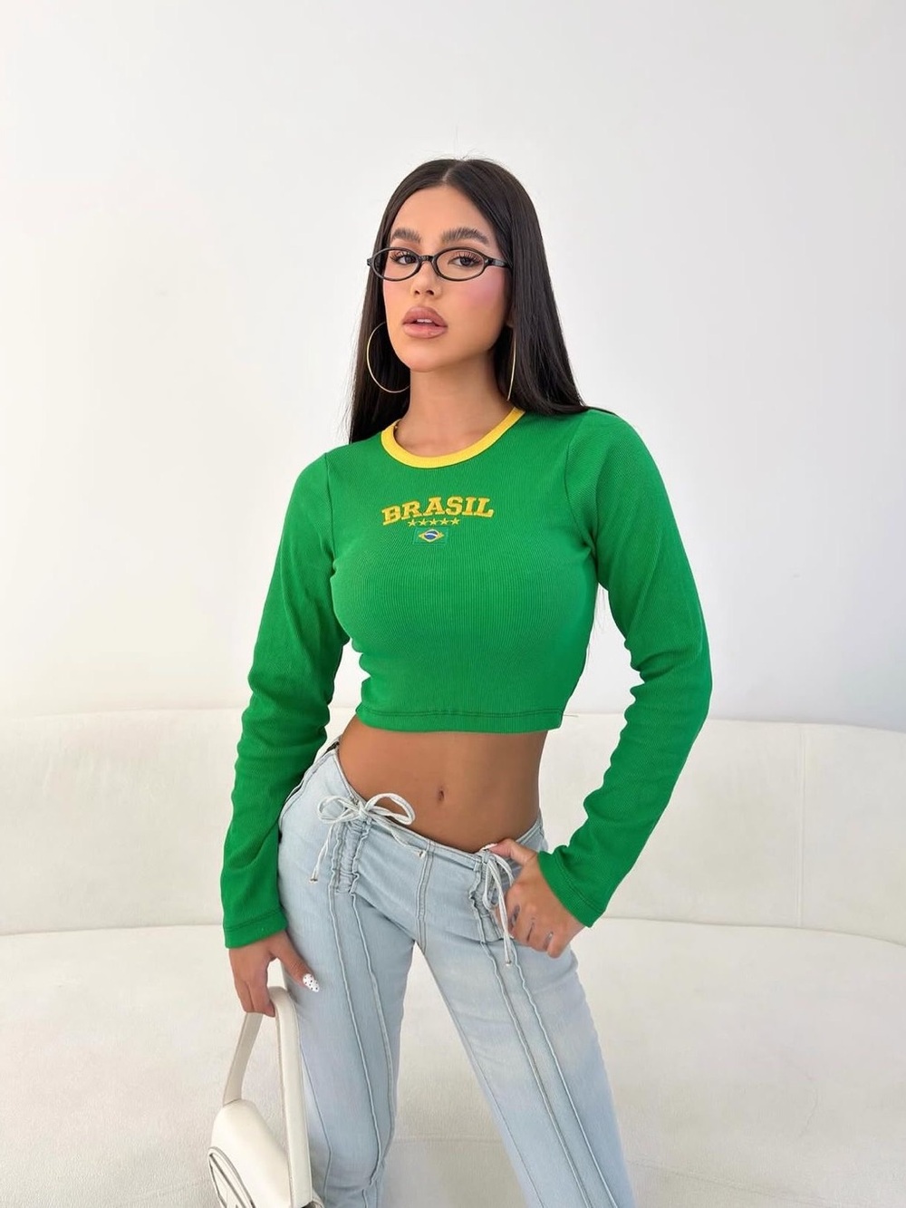 Brasil Green Long-Sleeve Crop Top with Yellow Trim